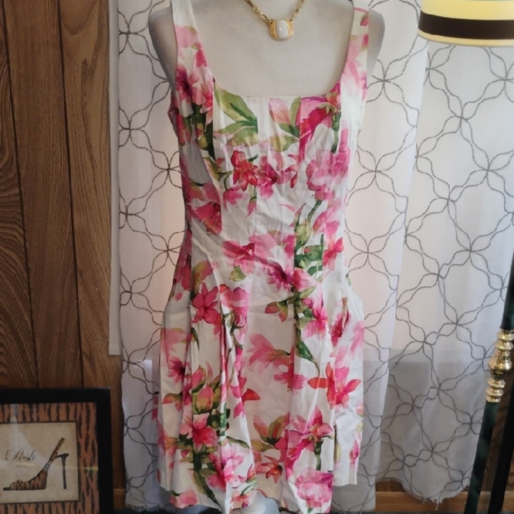 Lauren Ralph Lauren White Mini Dress with Pink Floral and Green Leaves